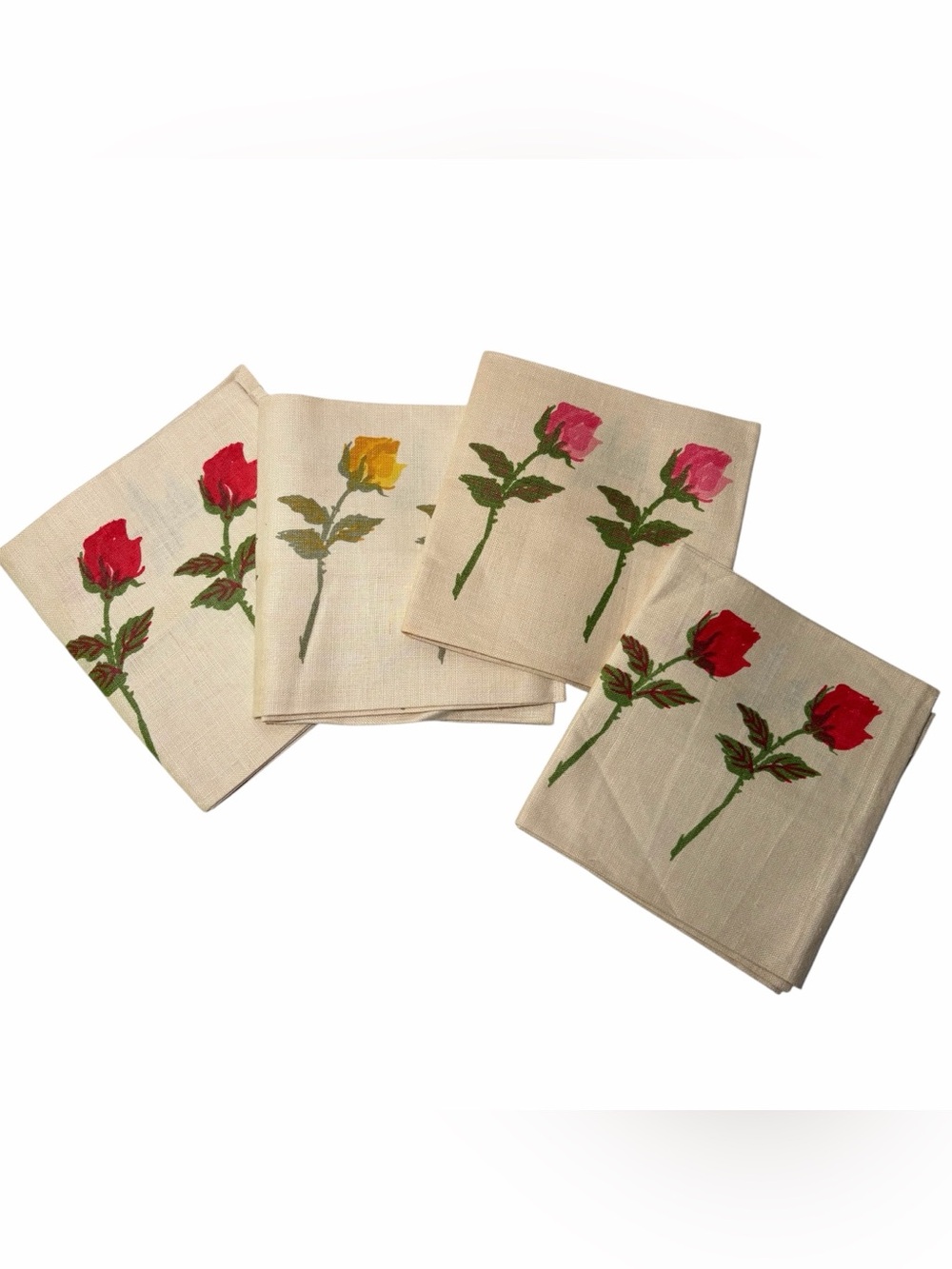 VTG Vera Neumann Set of 4 Linen Napkins Roses Rosebuds *Never Used* 1960s Print